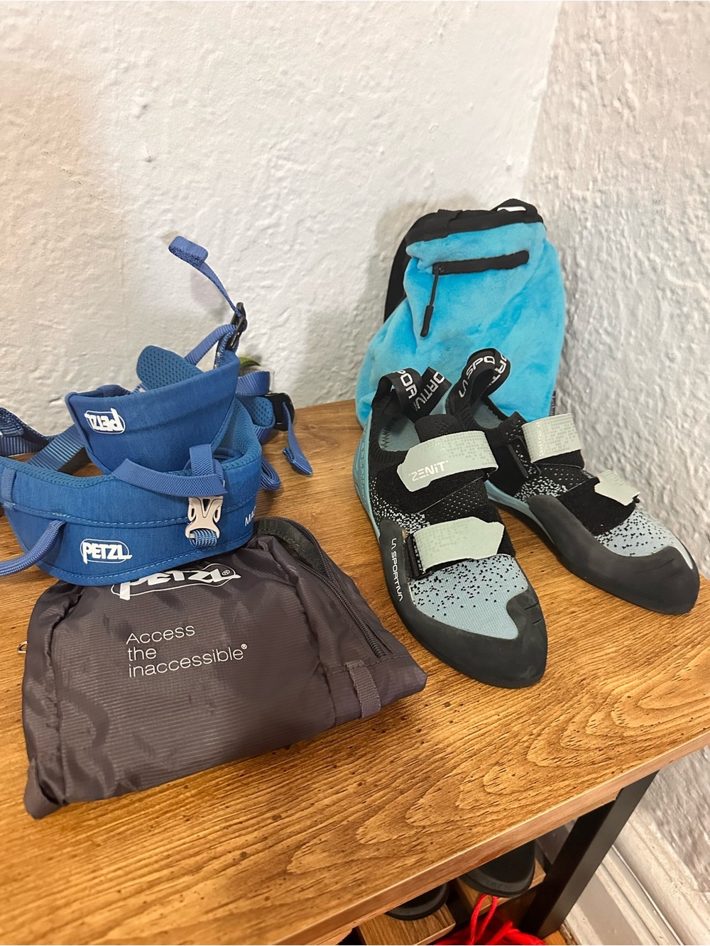 Climbing Shoes, harness and accessories
